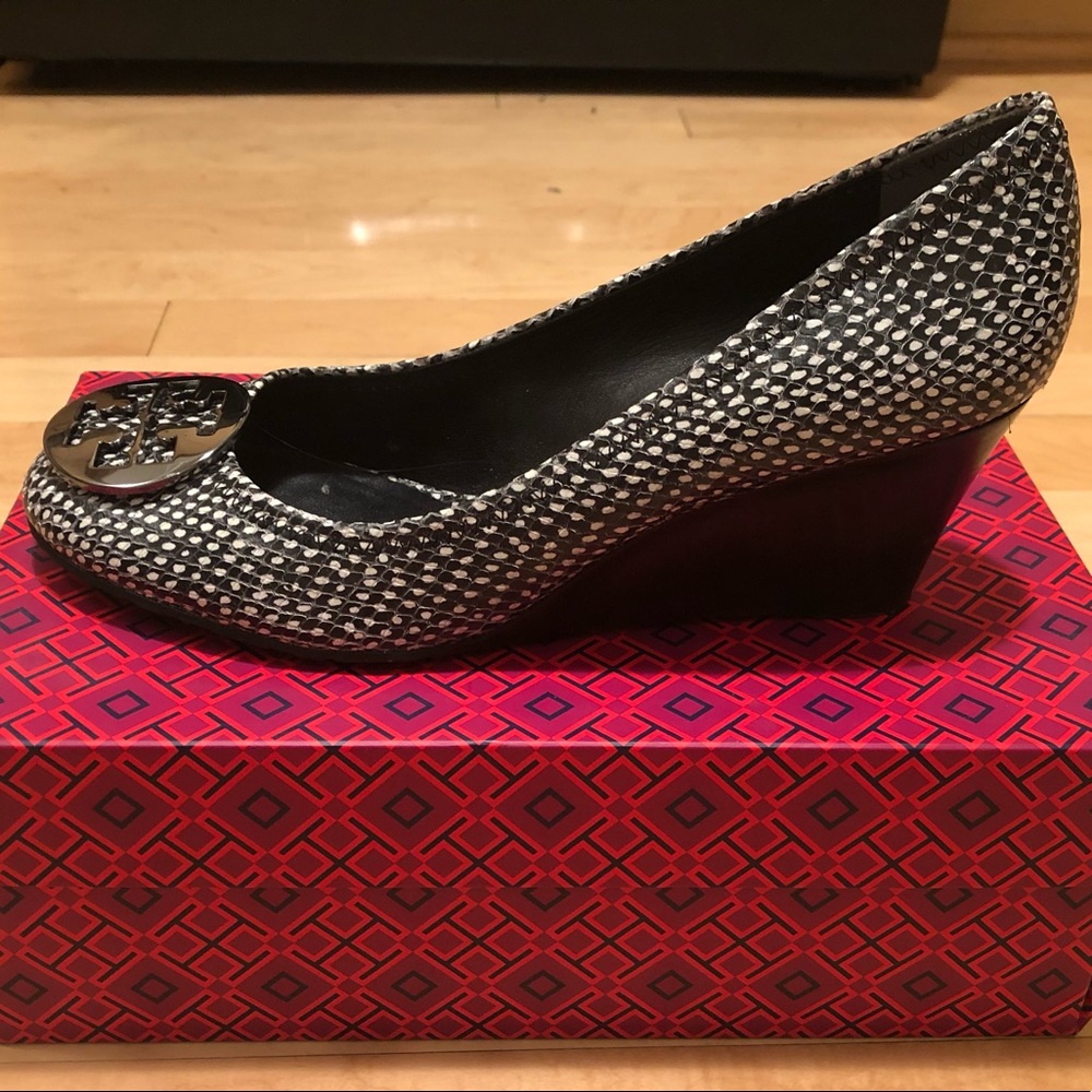 Black and pewter snake print Tory Burch wedges